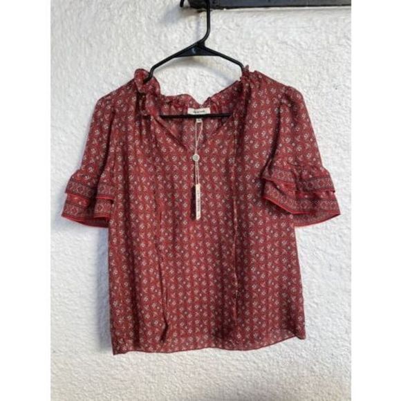 Max Studio Shirt Womens Small Red Blouse Ruffle Sleeve - Picture 1 of 3
